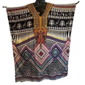 Vintage Winlar Satin Caftan Muumuu Dress OS Tribal Giraffe African Print Art